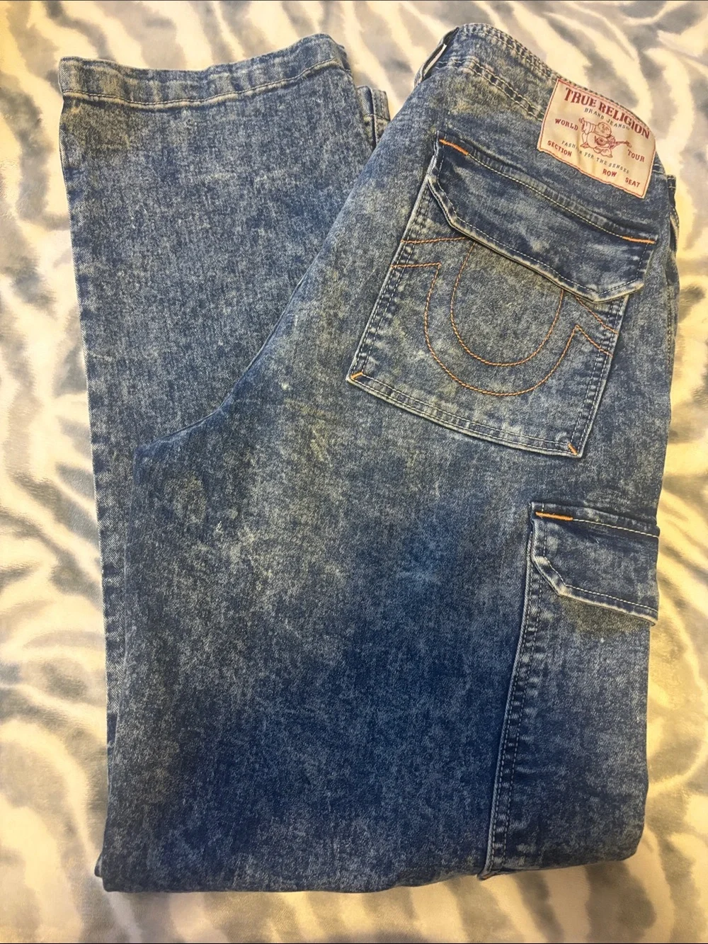 True Religion Men's Acid-Effect Cargo Jeans - Blue